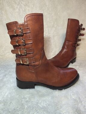 Napoleoni Italy | Brown Leather Mid-Calf Moto Boots Womens Size 7.5 US